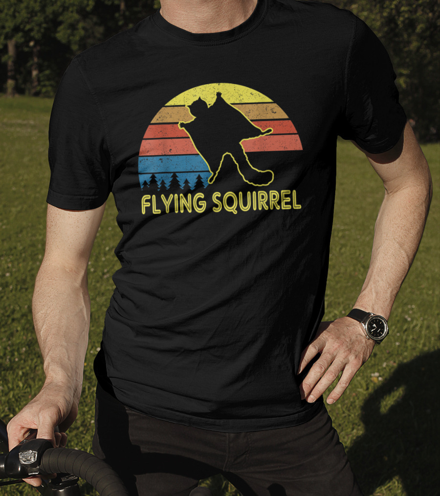 Flying Squirrel Retro Sunset With Silhouette And Forest Stripes T-Shirt