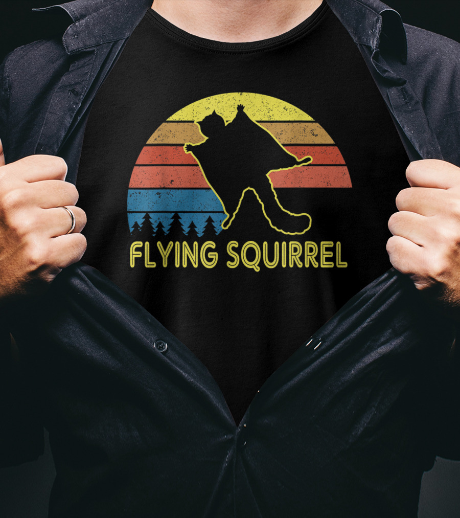 Flying Squirrel Retro Sunset With Silhouette And Forest Stripes T-Shirt