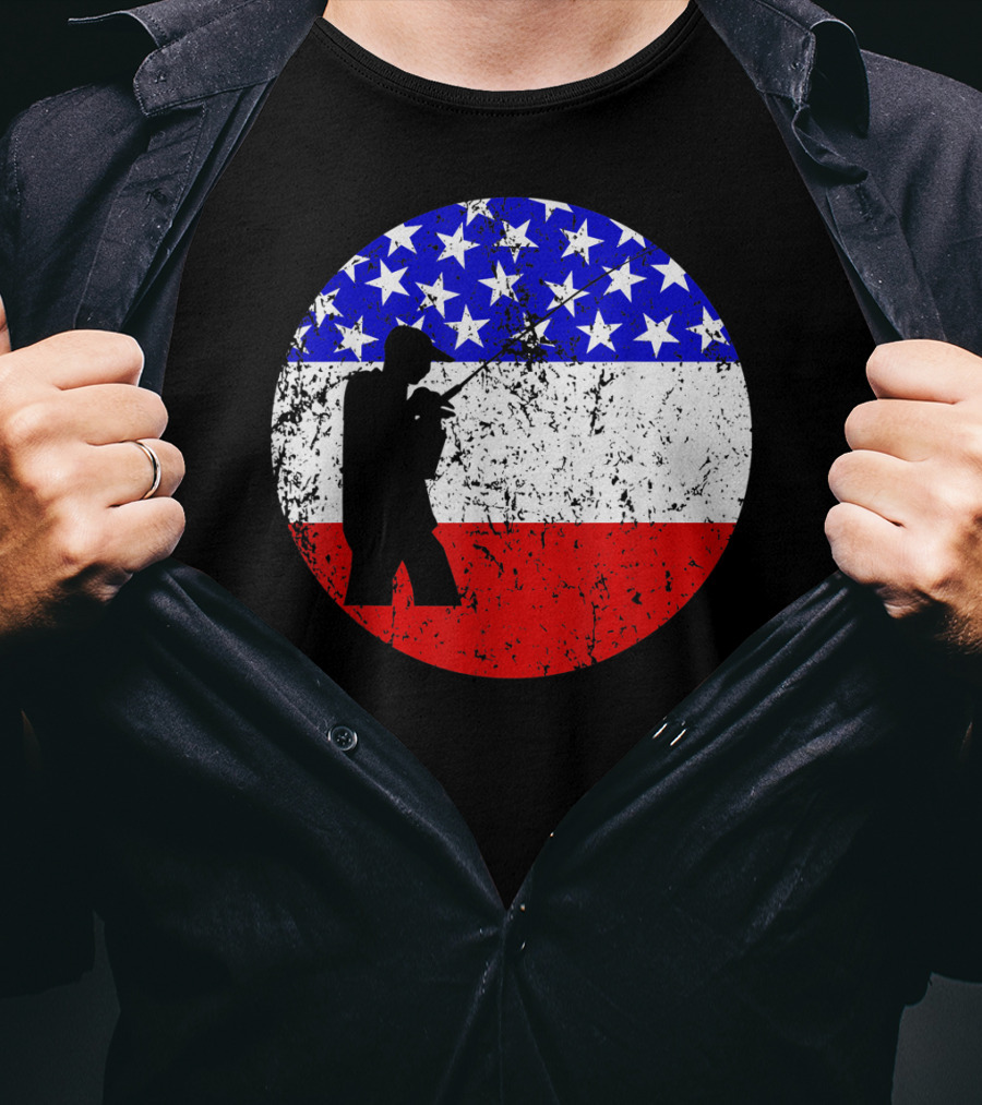 American Flag Vintage Fisherman Silhouette Rustic Retro Fishing T-Shirt