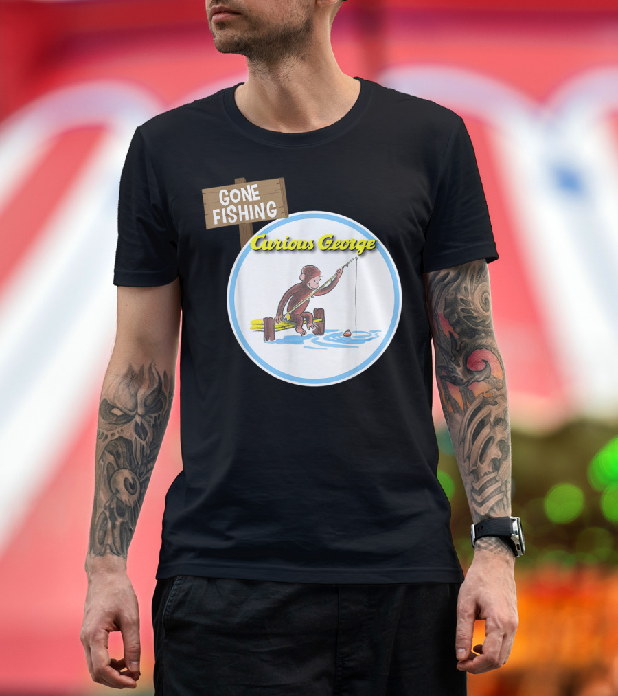 Curious George Gone Fishing Sign And Circle Scene T-Shirt