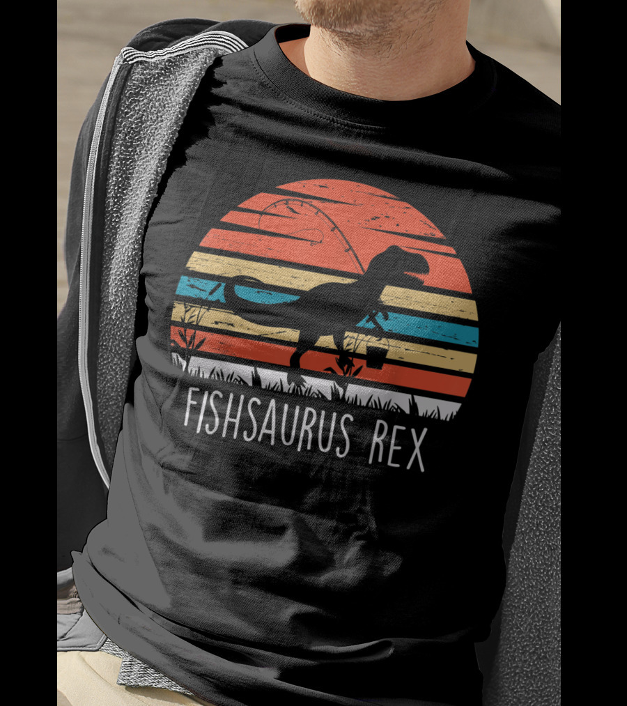 Fathers Day Fishsaurus Rex Dinosaur Fishing Vintage Sunset T-Shirt
