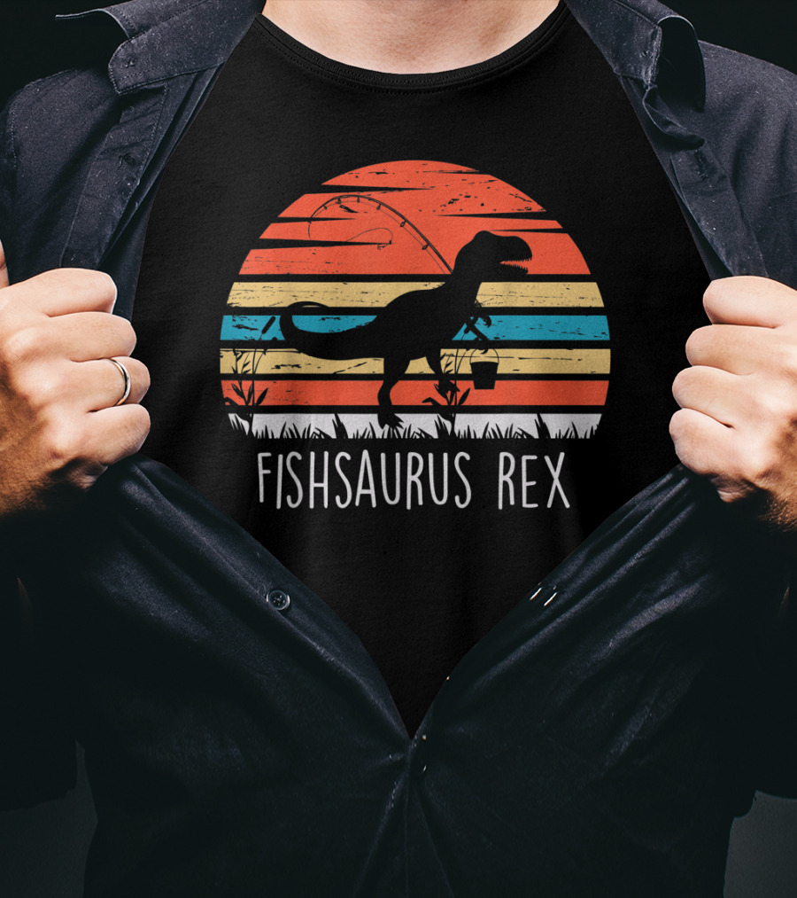 Fathers Day Fishsaurus Rex Dinosaur Fishing Vintage Sunset T-Shirt