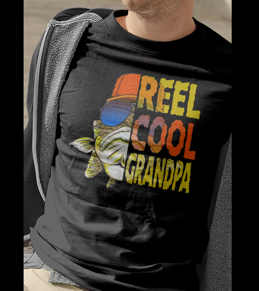 Reel Cool Grandpa Fishing Grandpa Fish Wearing Sunglasses And Hat T-Shirt
