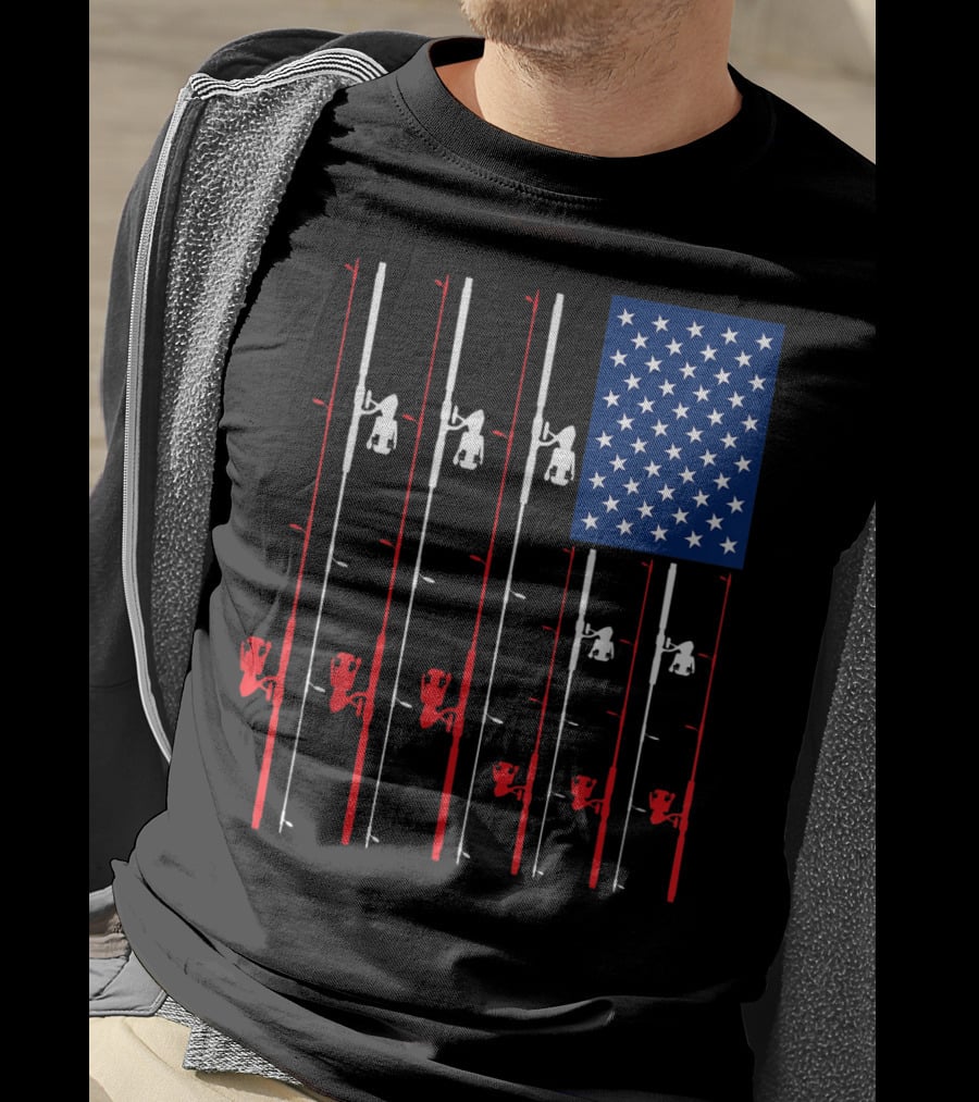 Fishing Rod US Flag Cute Fish Hunting American Patriotic Iconic T-Shirt