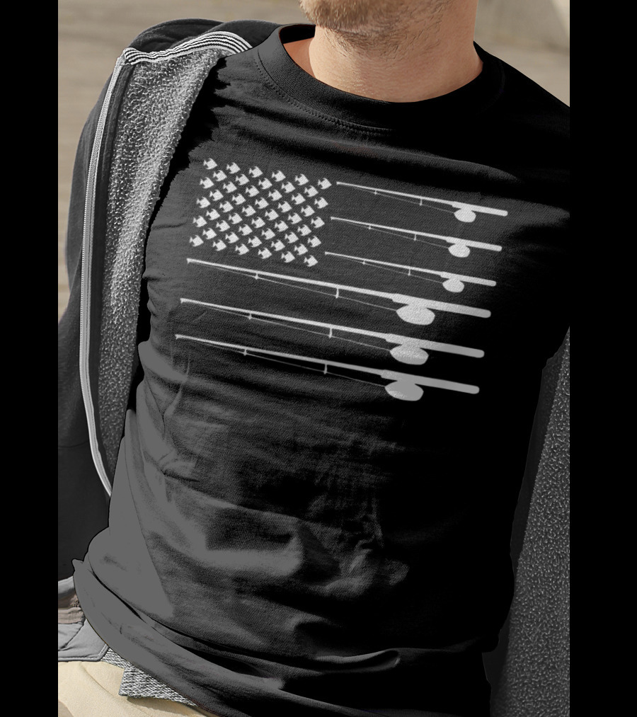 FLY ROD FISHING American Flag Fishersman T-Shirt