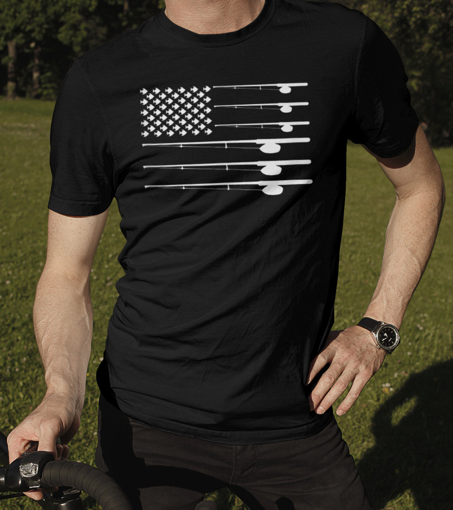 FLY ROD FISHING American Flag Fishersman T-Shirt