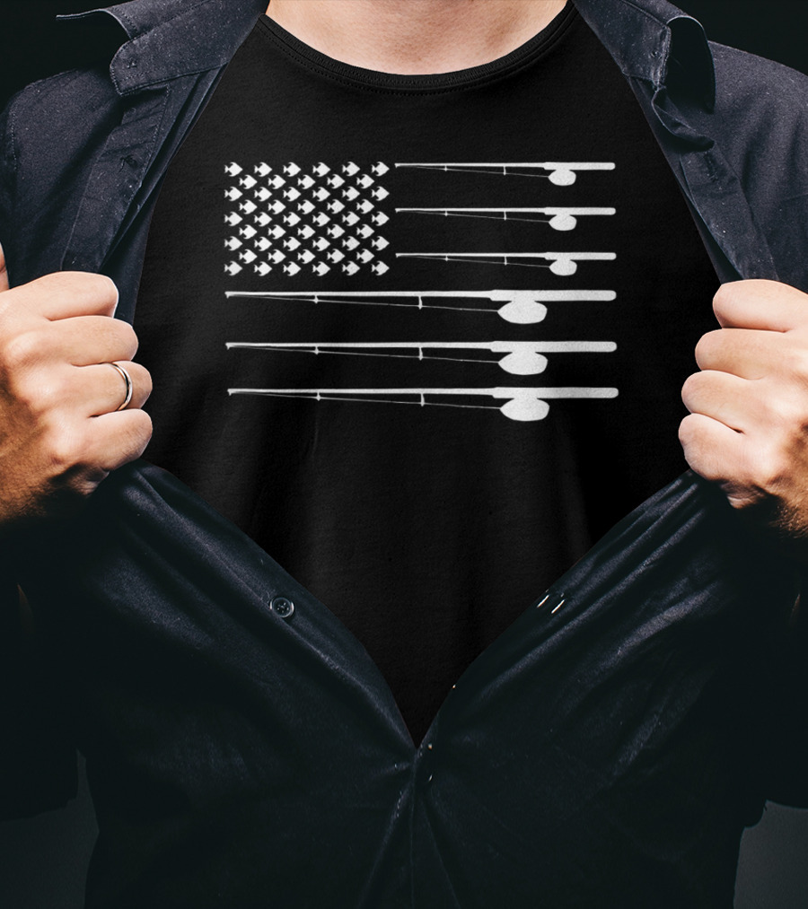 FLY ROD FISHING American Flag Fishersman T-Shirt