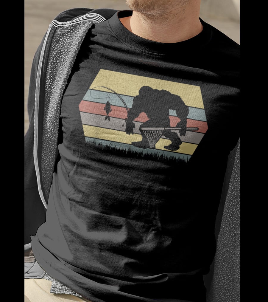 Funny Big Foot Fishing Silhouette Retro Stripes T-Shirt