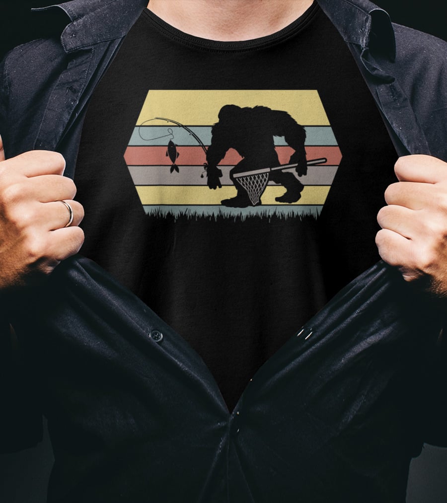 Funny Big Foot Fishing Silhouette Retro Stripes T-Shirt