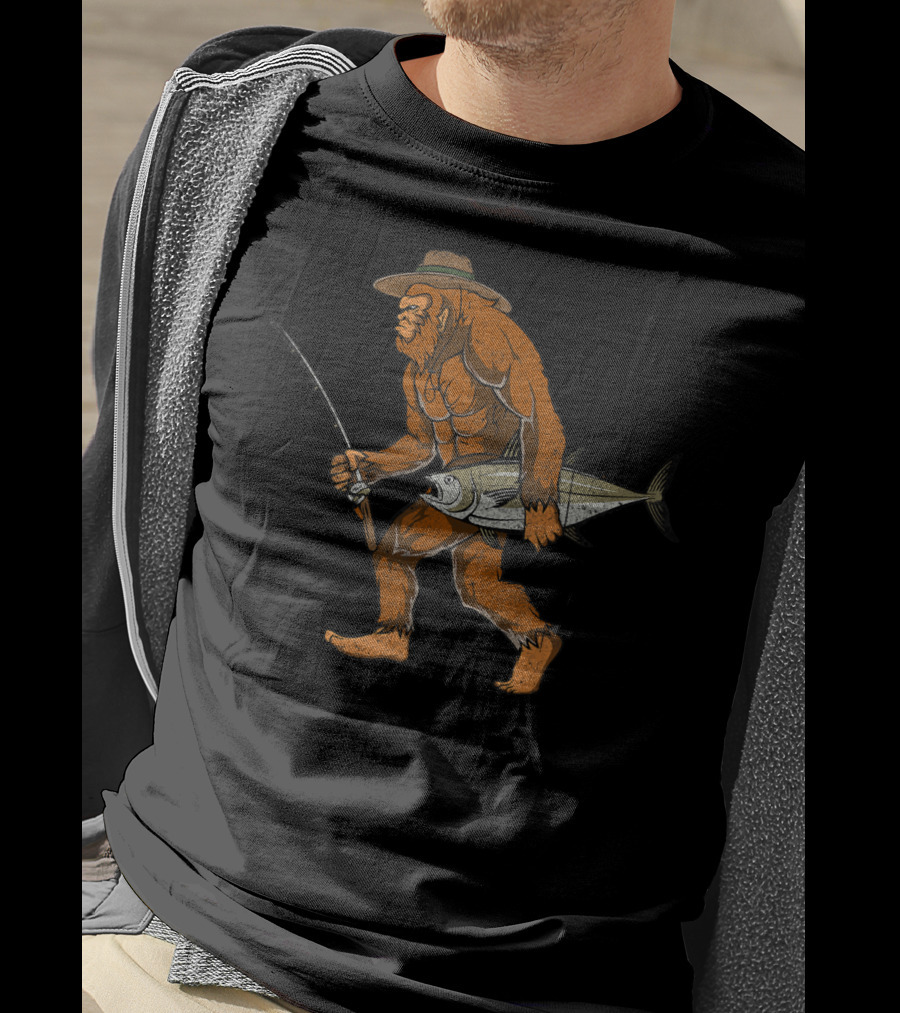 Bigfoot Bass Fisherman Catching Fish With Fishing Rod T-Shirt