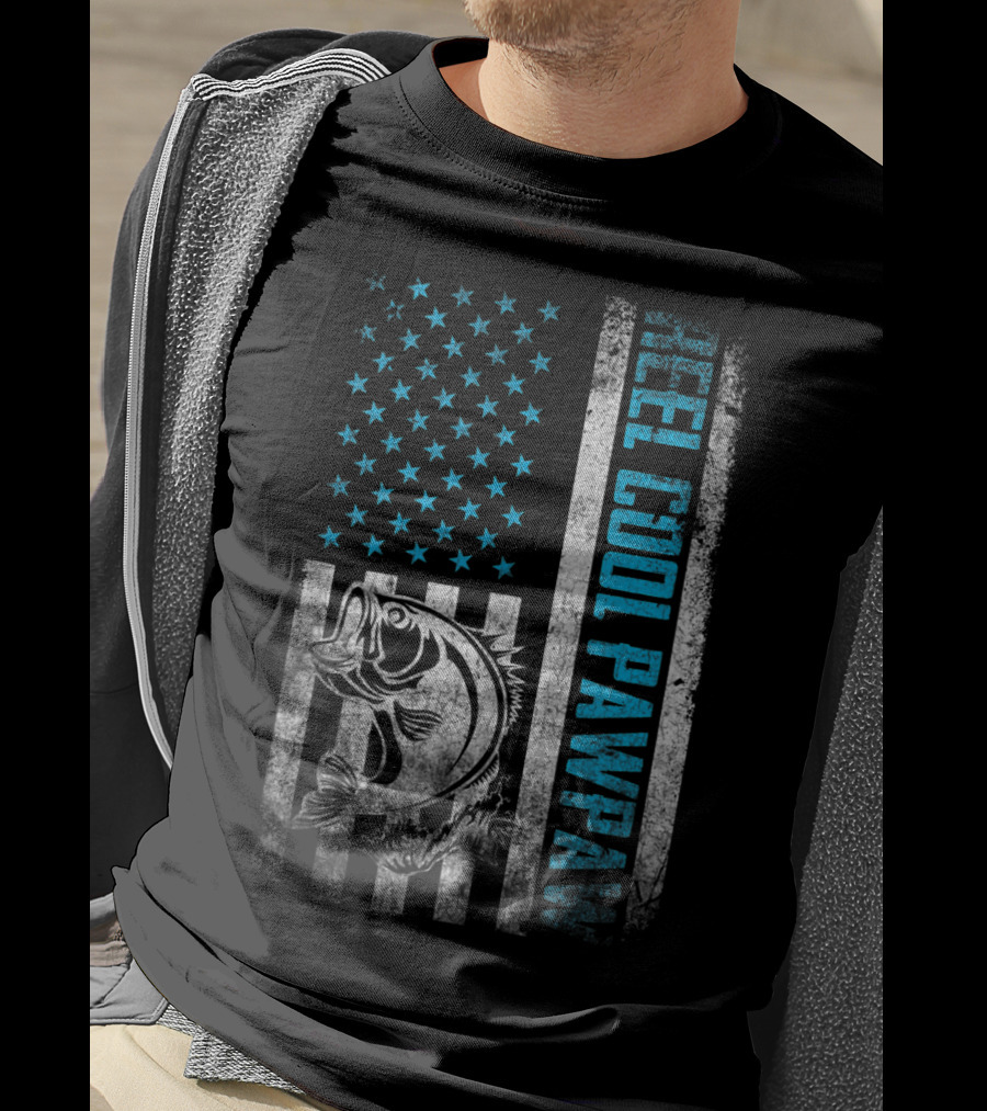 Father's Day Fishing Reel Cool Pawpaw With American Flag And Bass Fish T-Shirt