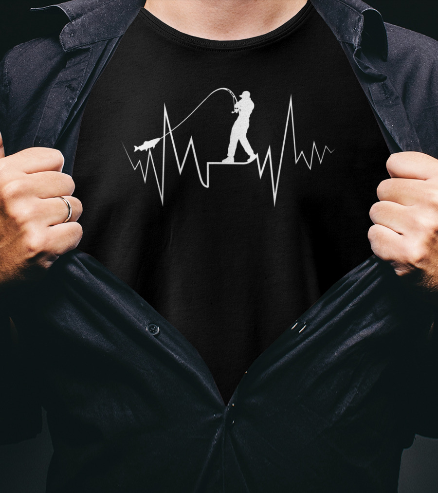 Fishing Heartbeat Cool Beat Great For Fisherman Silhouette With Fish On Line T-Shirt