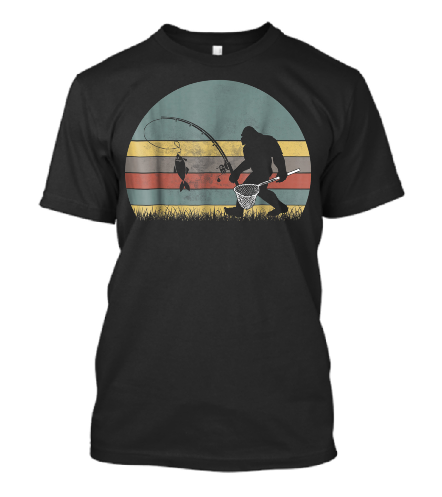 Bigfoot Fishing Retro Stripes T-Shirt