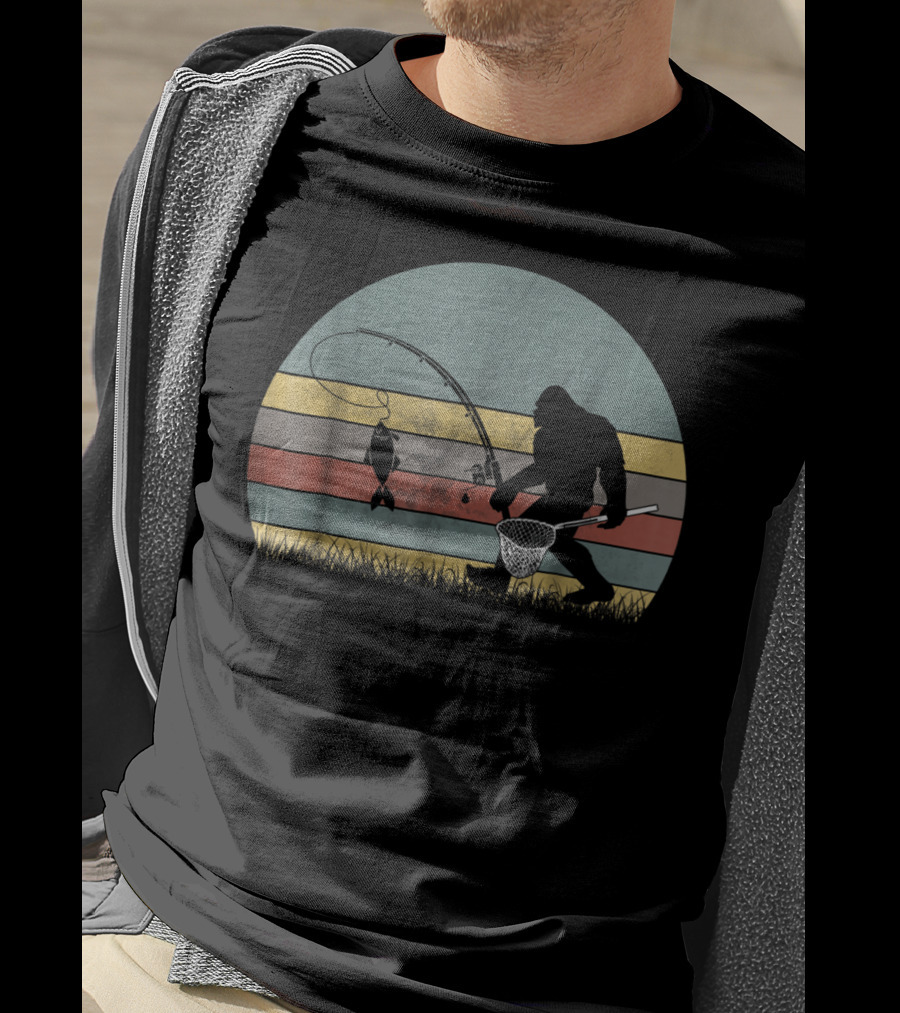 Bigfoot Fishing Retro Stripes T-Shirt