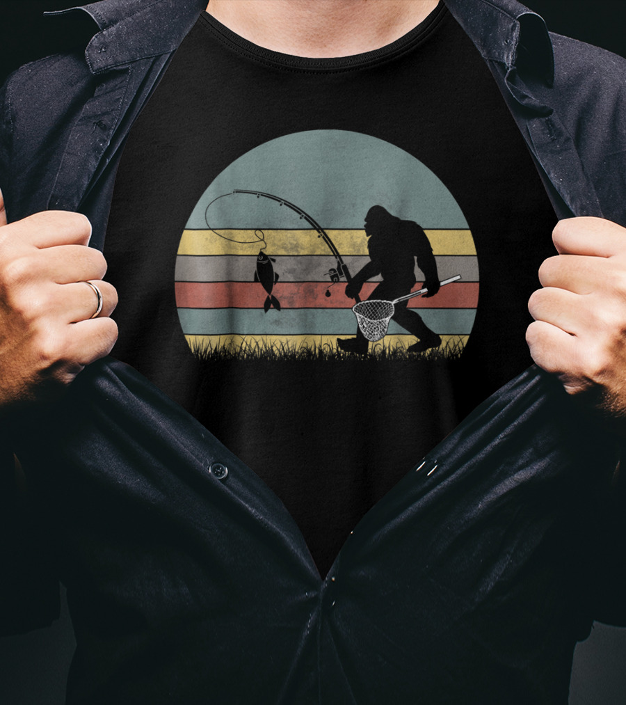 Bigfoot Fishing Retro Stripes T-Shirt