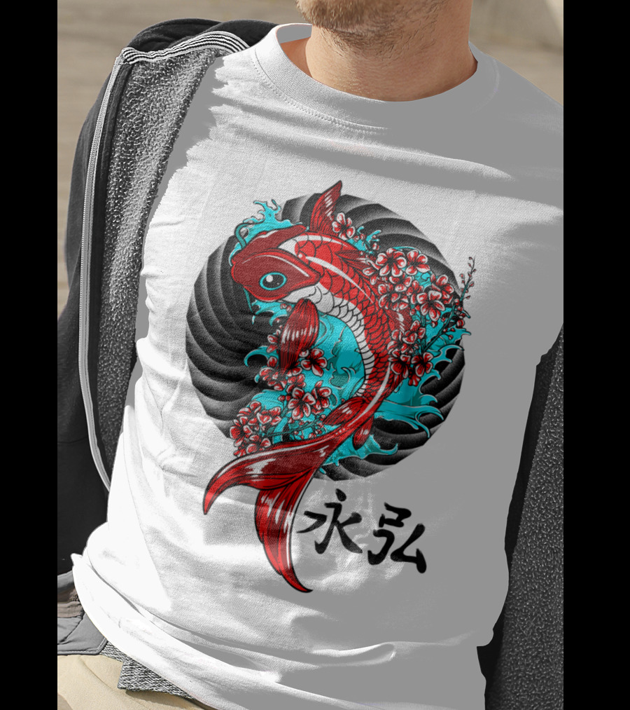 Koi Fish Floral With Japanese Characters T-Shirt