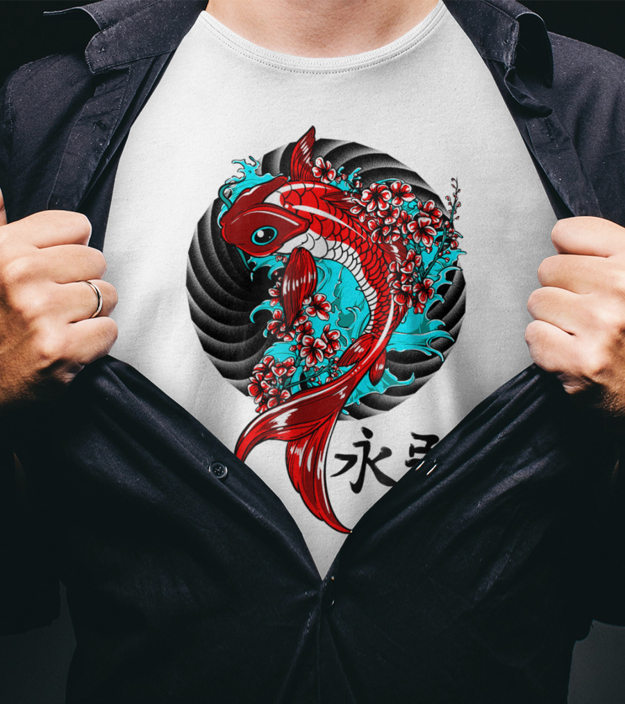 Koi Fish Floral With Japanese Characters T-Shirt