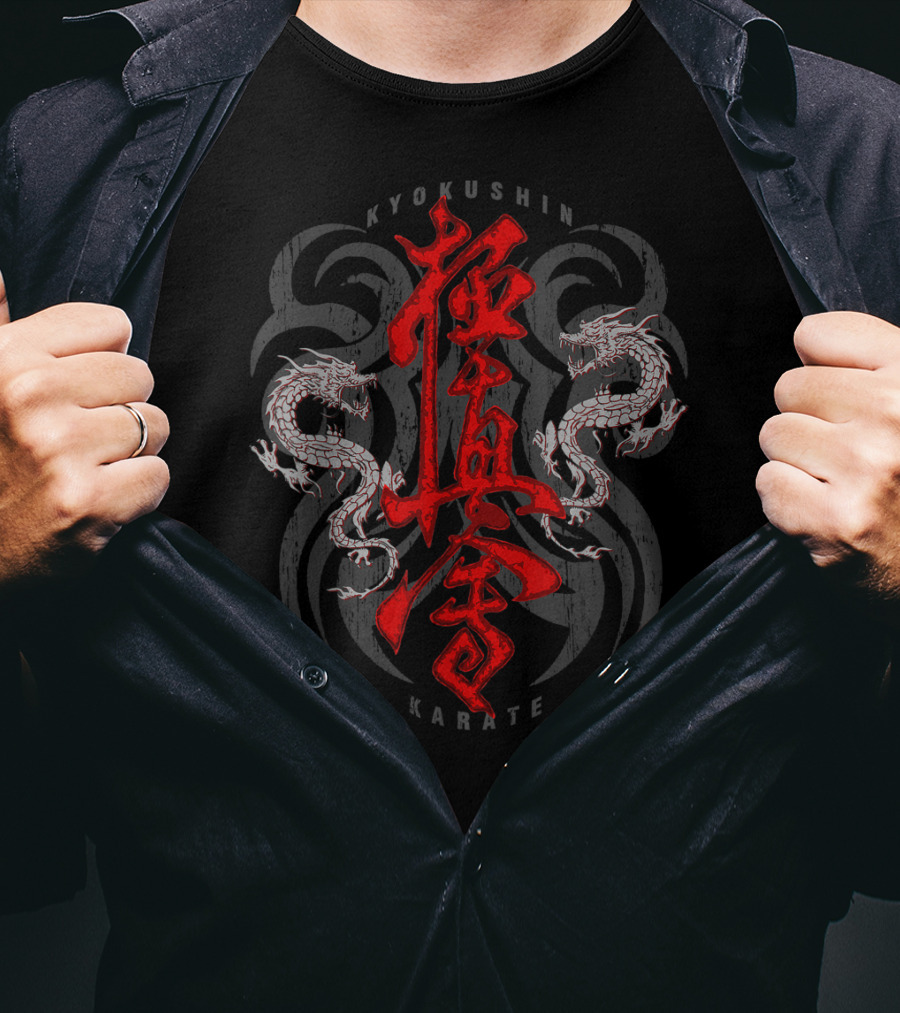 Kyokushin Karate Dragons And Kanji With Dual White Eastern Dragons T-Shirt