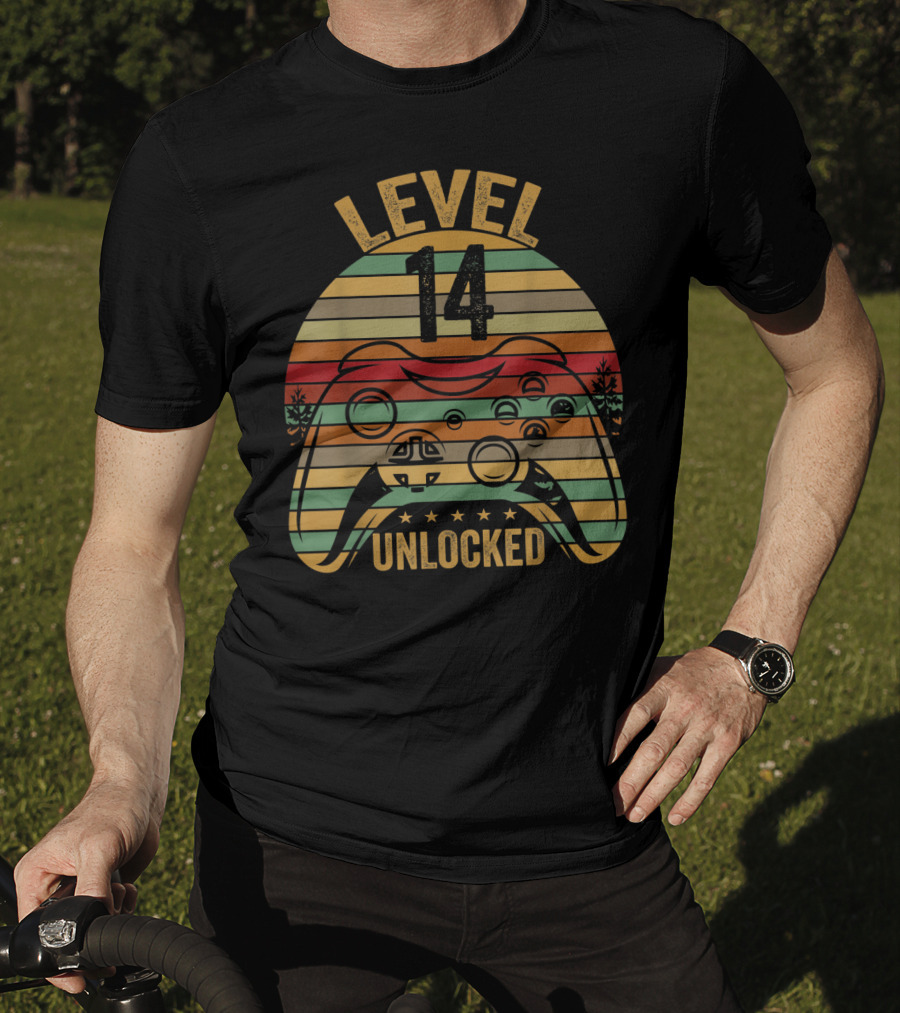 Level 14 Unlocked Gaming Themed Birthday 14 Year Old Boy Retro Controller T-Shirt