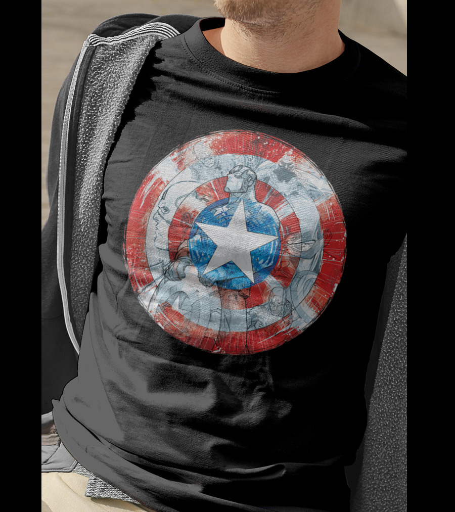 Captain America Marvel Shield With Heroic Comic Collage T-Shirt