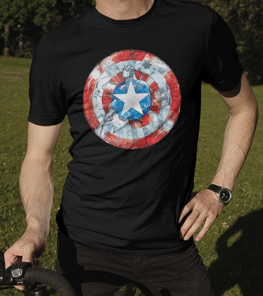 Captain America Marvel Shield With Heroic Comic Collage T-Shirt