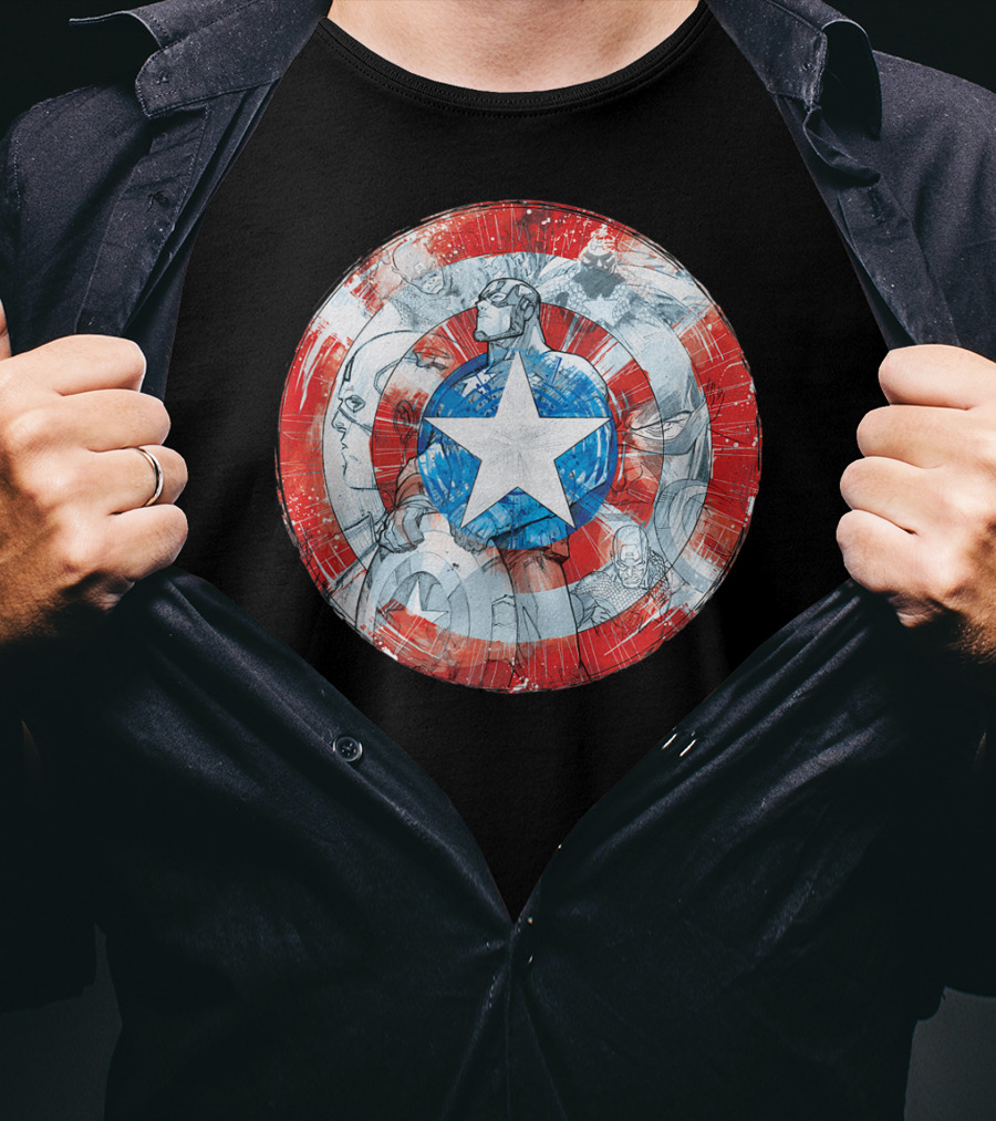 Captain America Marvel Shield With Heroic Comic Collage T-Shirt