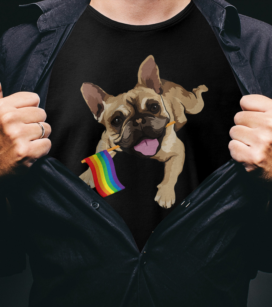 Men Women Kids French Bulldog Holding Gay Pride Flag T-Shirt