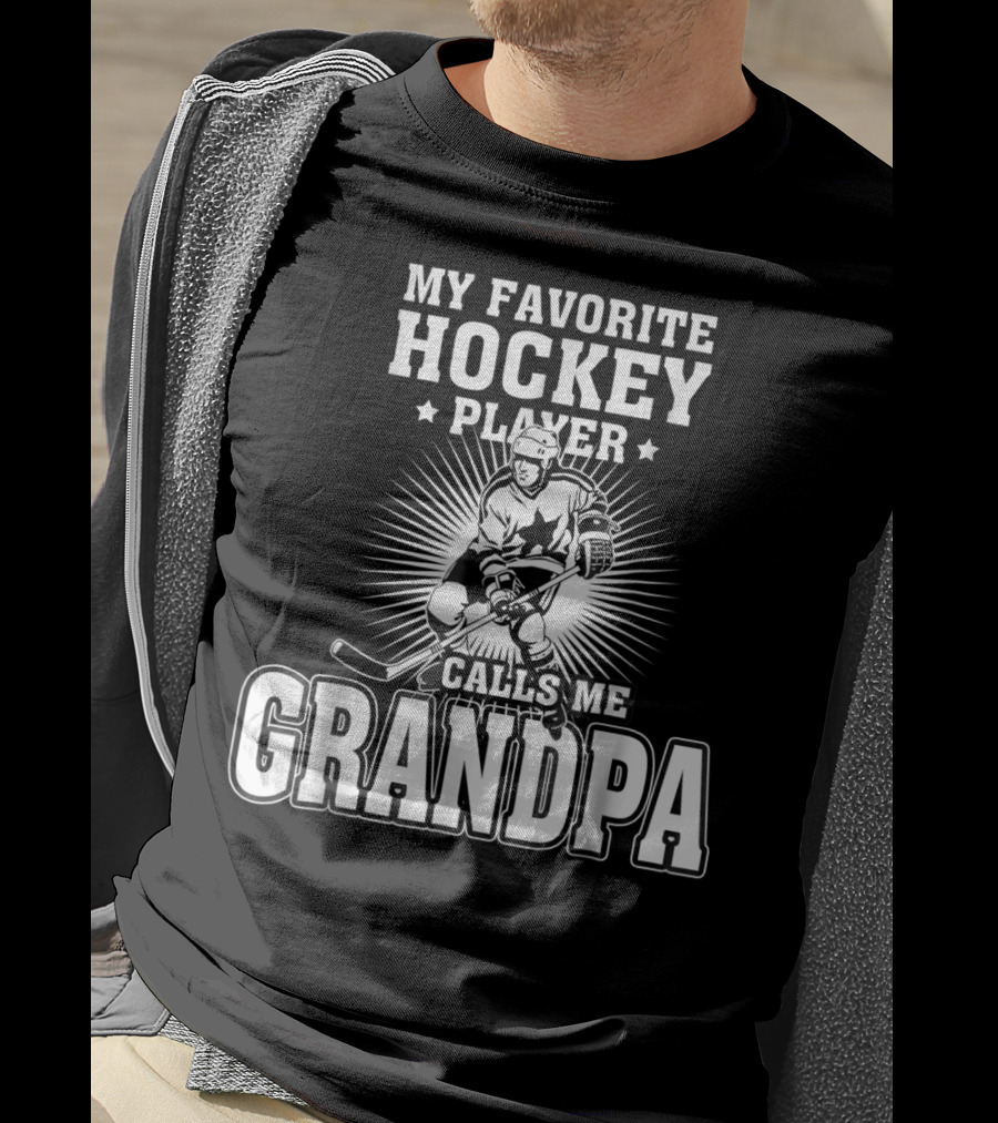 Mens My Favorite Hockey Player Calls Me Grandpa Starburst Ice Skater T-Shirt
