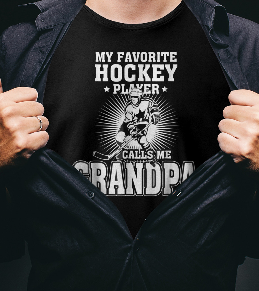 Mens My Favorite Hockey Player Calls Me Grandpa Starburst Ice Skater T-Shirt
