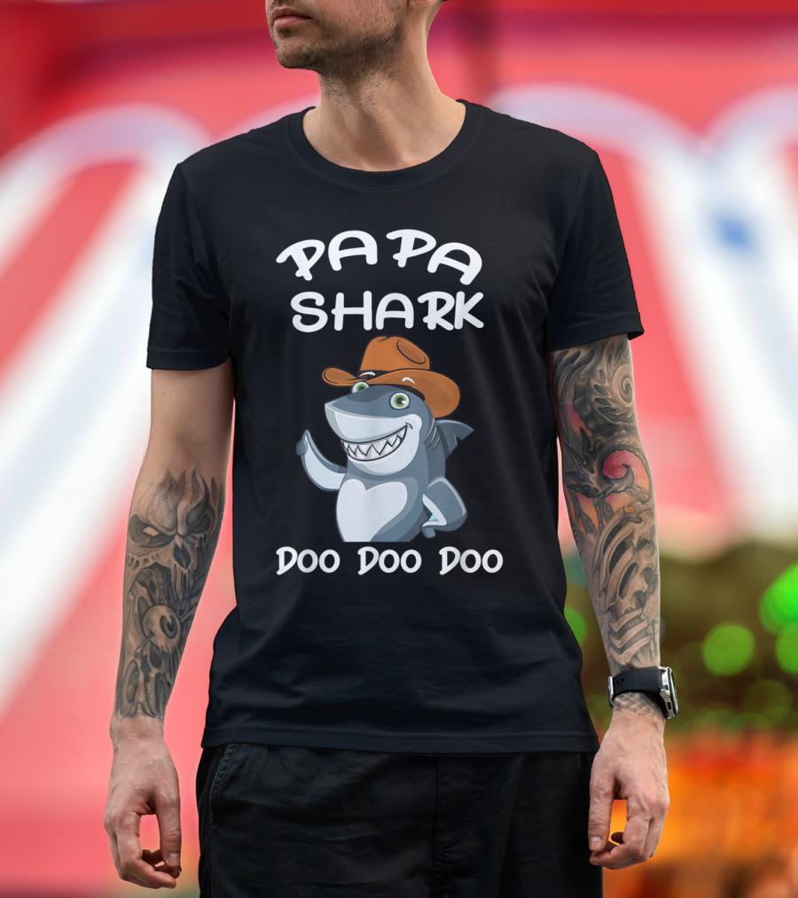 Papa Shark Doo Doo Doo Cartoon Cowboy Hat Father T-Shirt