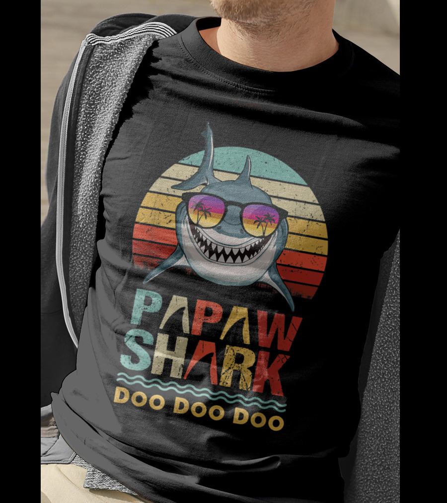 Papaw Shark Doo Doo Doo Funny Fathers Retro Sunglasses Tropical Sunset T-Shirt