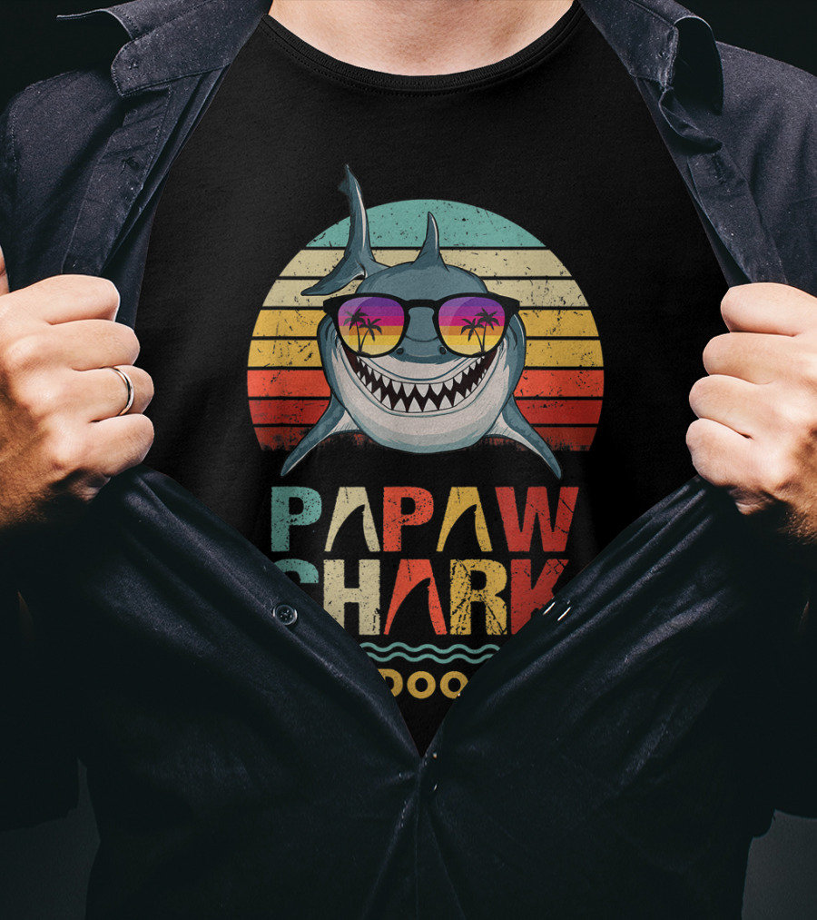 Papaw Shark Doo Doo Doo Funny Fathers Retro Sunglasses Tropical Sunset T-Shirt