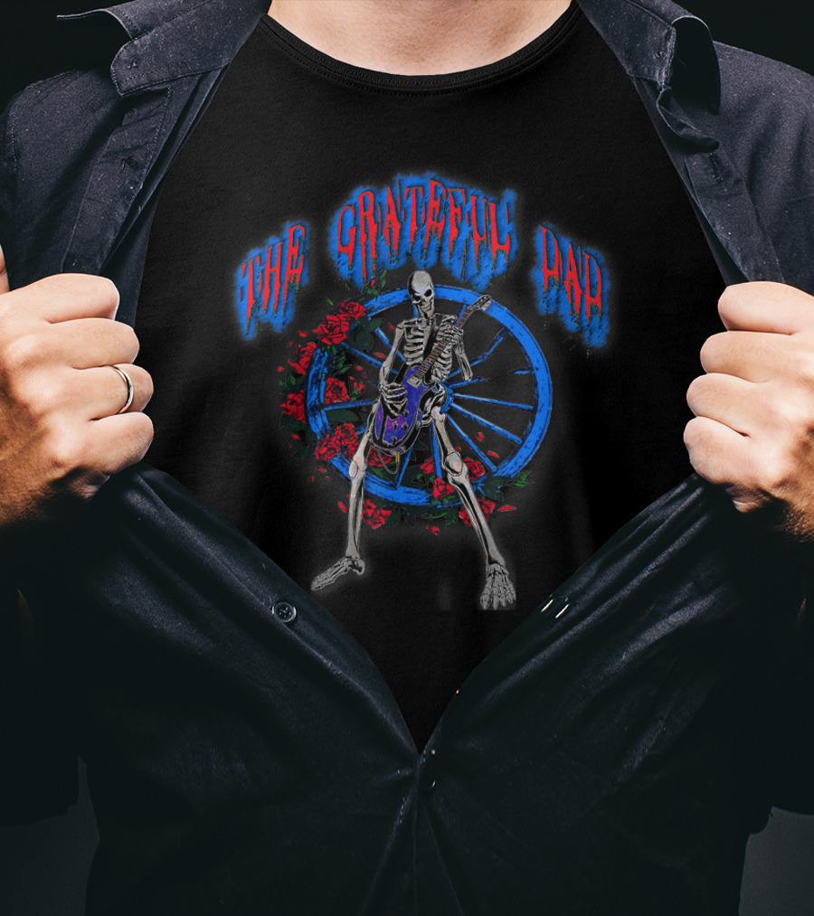 The Grateful Dad Skeleton With Guitar And Roses Wheel Classic Rock T-Shirt