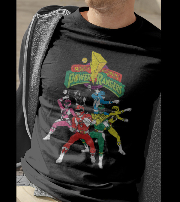 Mighty Morphin Power Rangers Full Team Pose With Original T-Shirt