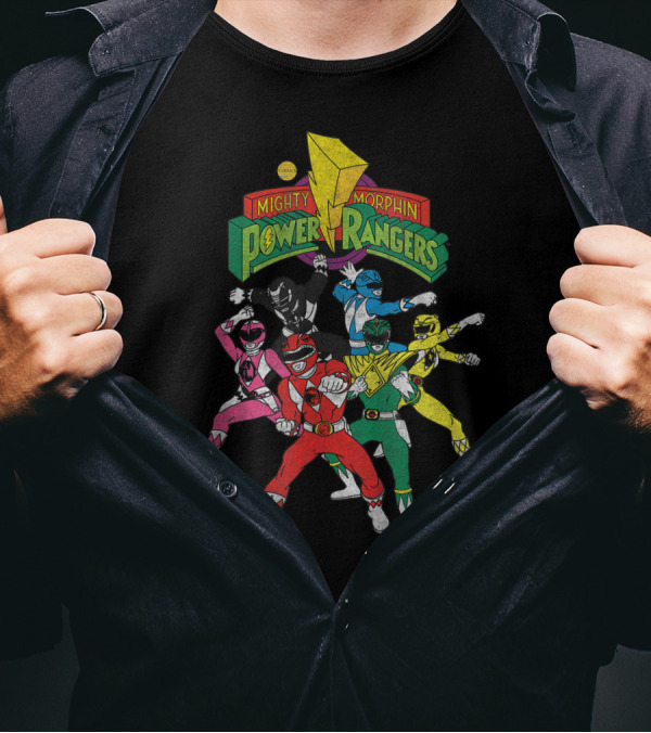 Mighty Morphin Power Rangers Full Team Pose With Original T-Shirt