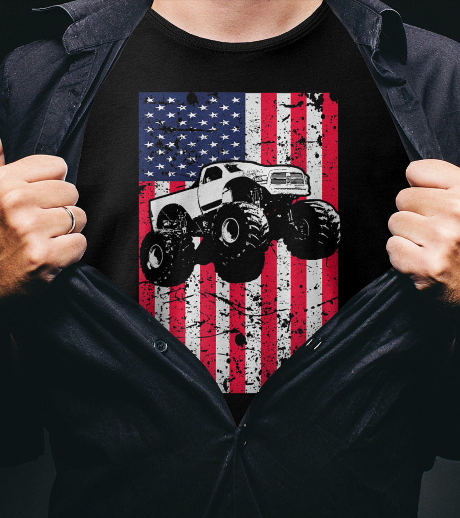 Monster Truck American Flag USA Patriotic Racing T-Shirt