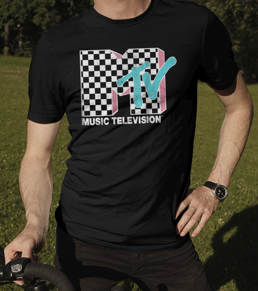 MTV Music Television Neon Distressed Checkered T-Shirt