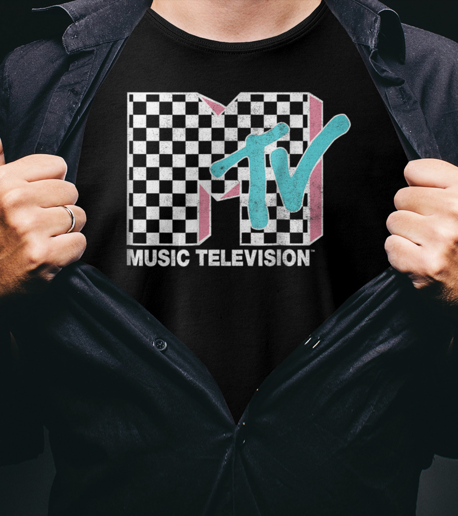 MTV Music Television Neon Distressed Checkered T-Shirt