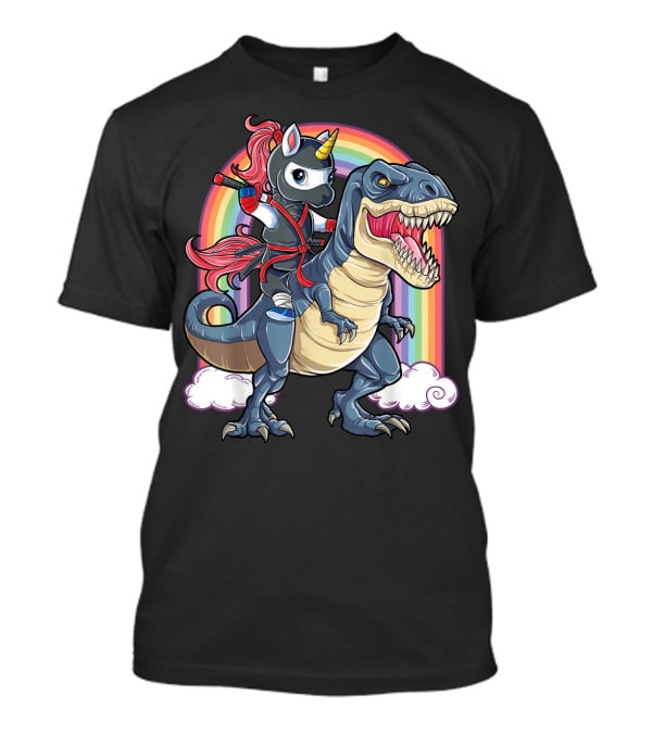 Ninja Unicorn Riding Dinosaur Rex Under Rainbow Clouds T-Shirt