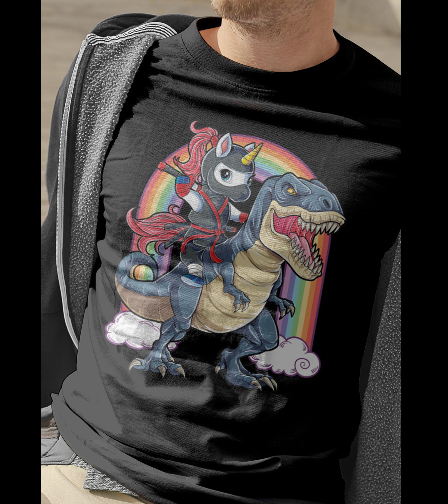 Ninja Unicorn Riding Dinosaur Rex Under Rainbow Clouds T-Shirt