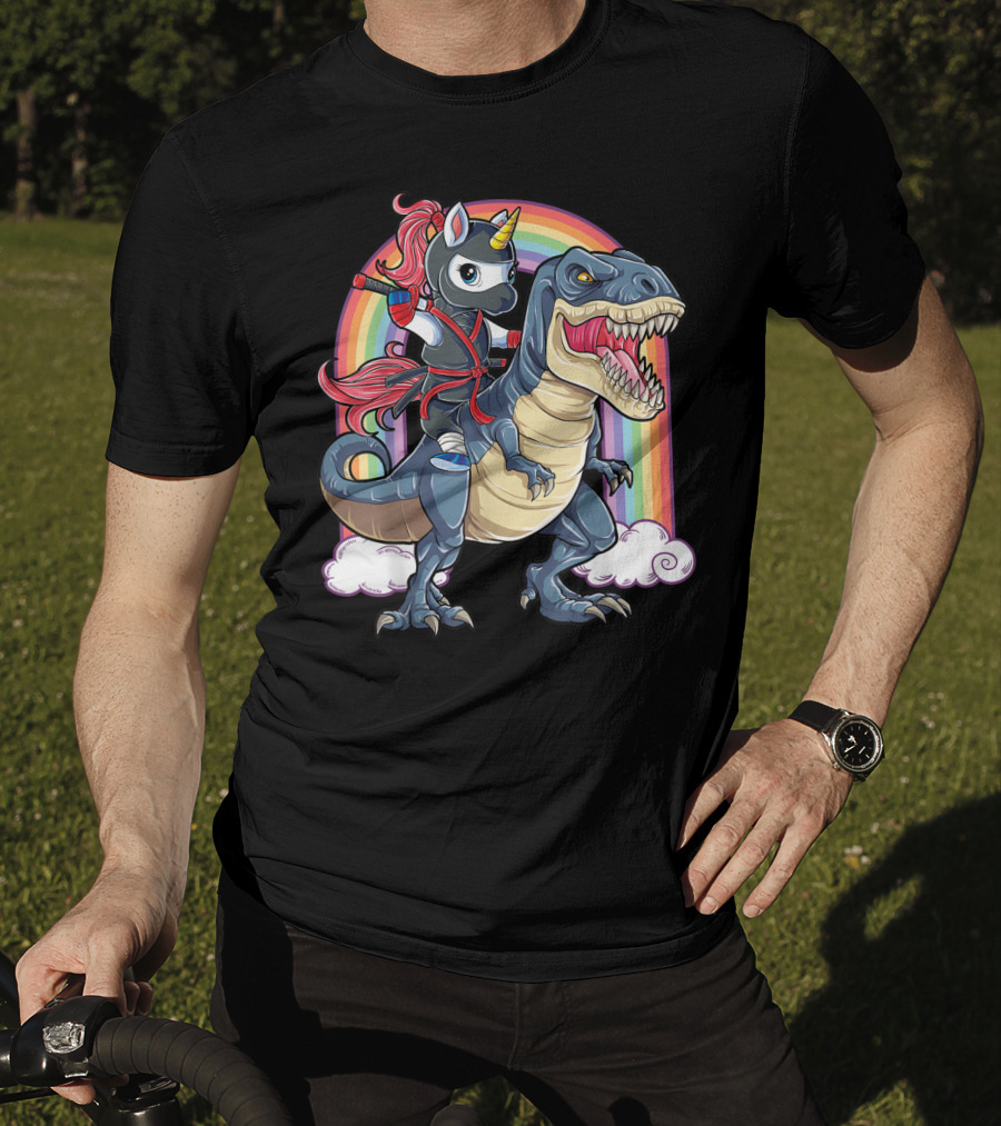 Ninja Unicorn Riding Dinosaur Rex Under Rainbow Clouds T-Shirt