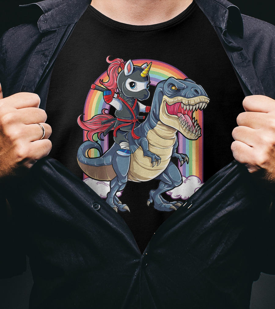 Ninja Unicorn Riding Dinosaur Rex Under Rainbow Clouds T-Shirt