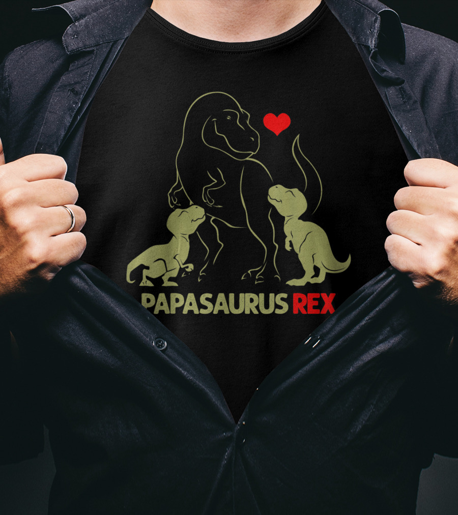 Papasaurus Rex With Heart And Two Baby Dinosaurs T-Shirt