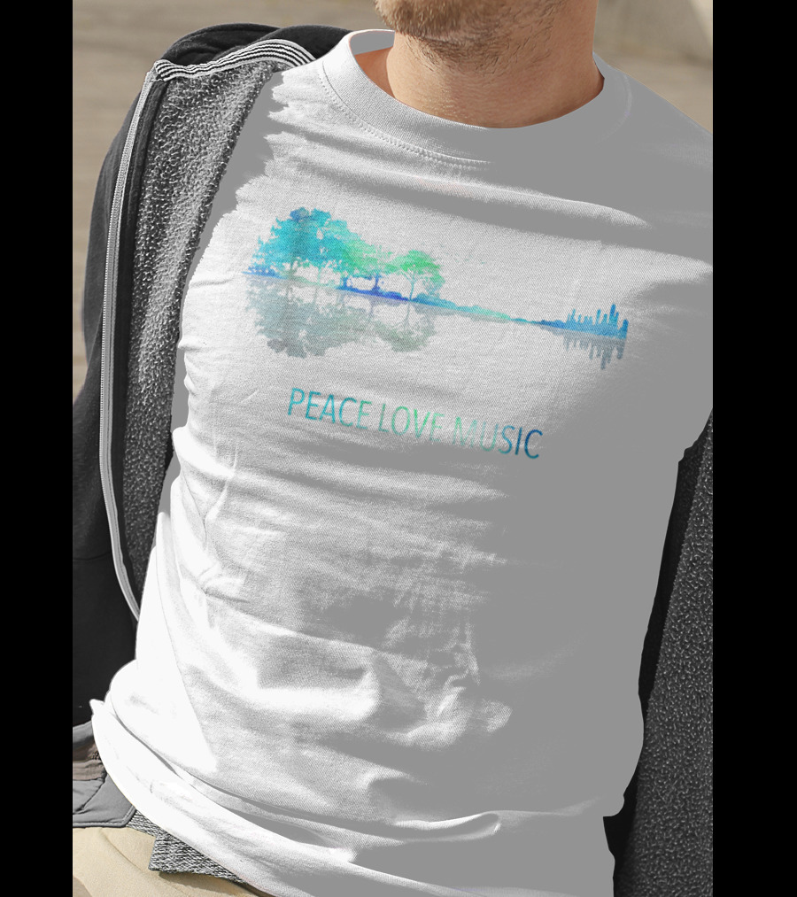 Peace Love Music Guitar Lake Shadow Tree Reflection T-Shirt