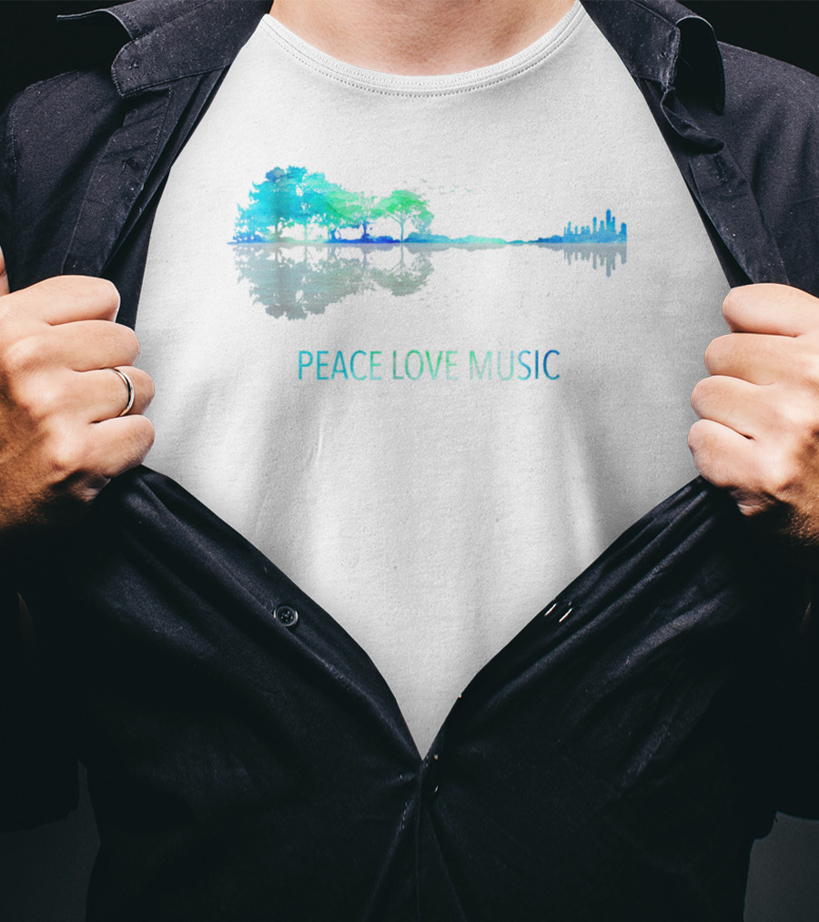 Peace Love Music Guitar Lake Shadow Tree Reflection T-Shirt
