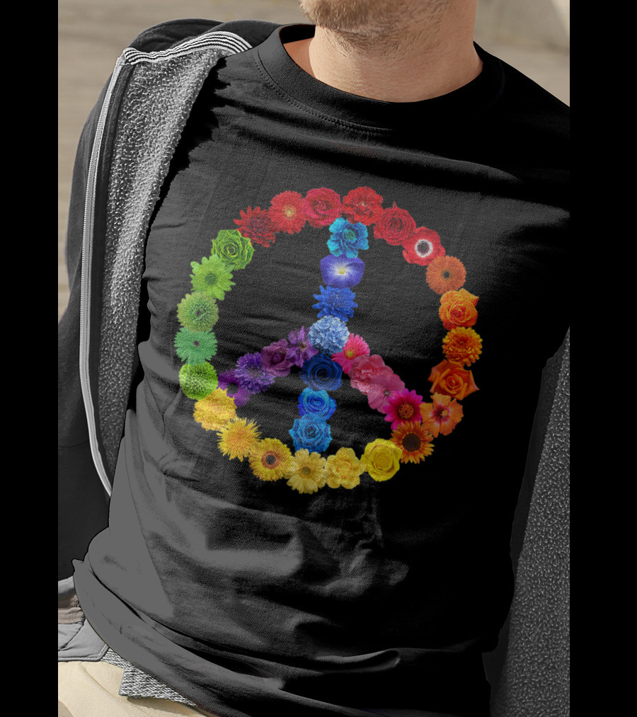 Rainbow Peace Sign Floral Love 70s 60s Retro Vibe T-Shirt