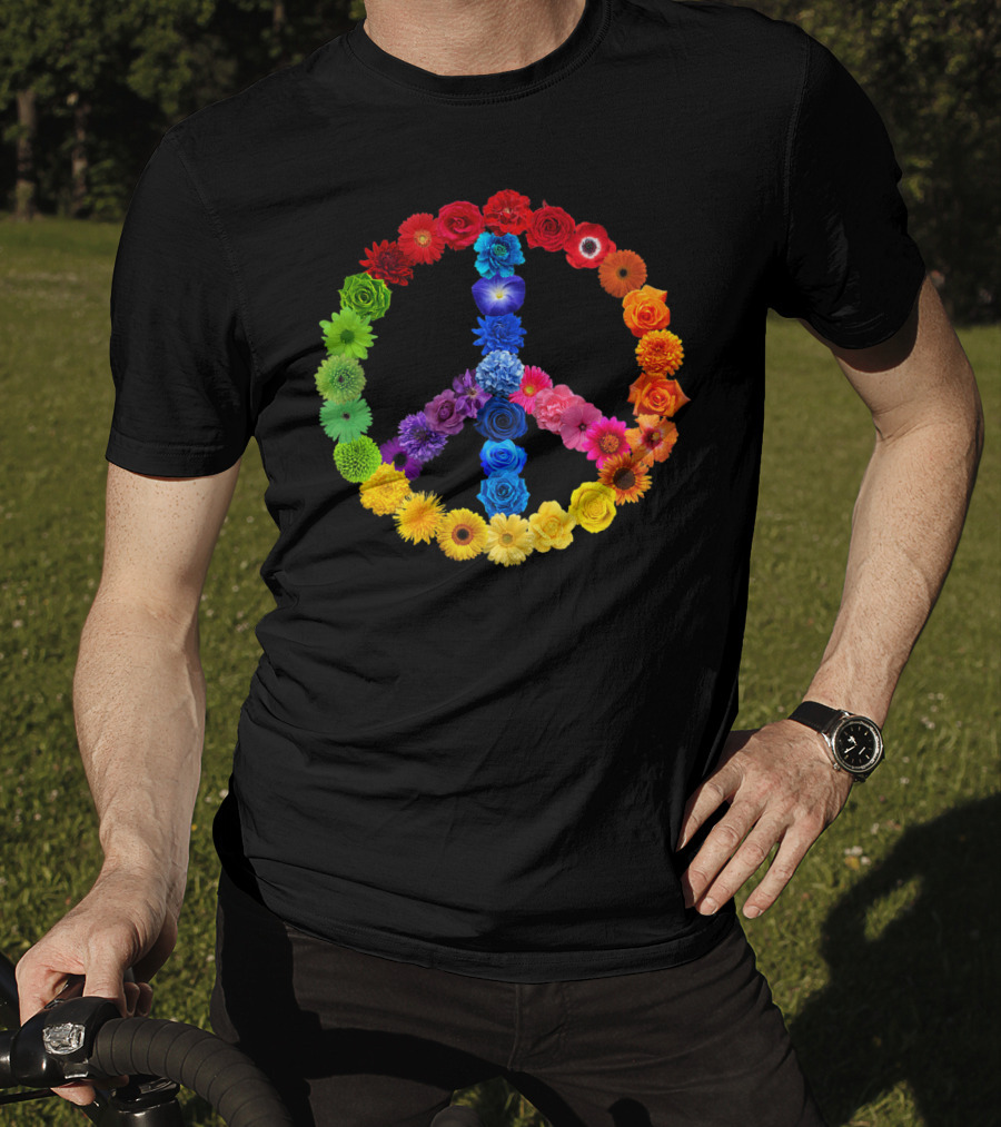 Rainbow Peace Sign Floral Love 70s 60s Retro Vibe T-Shirt