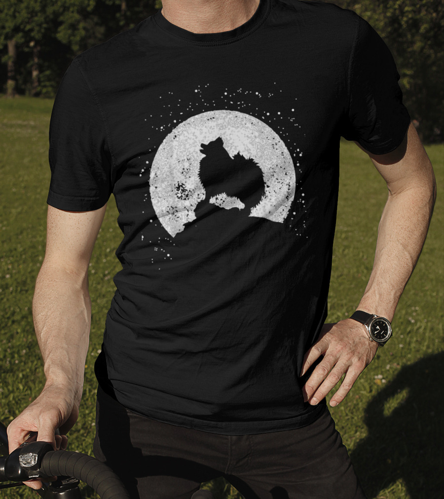 Pomeranian Howling Silhouette Against Full Moon Night Scene T-Shirt