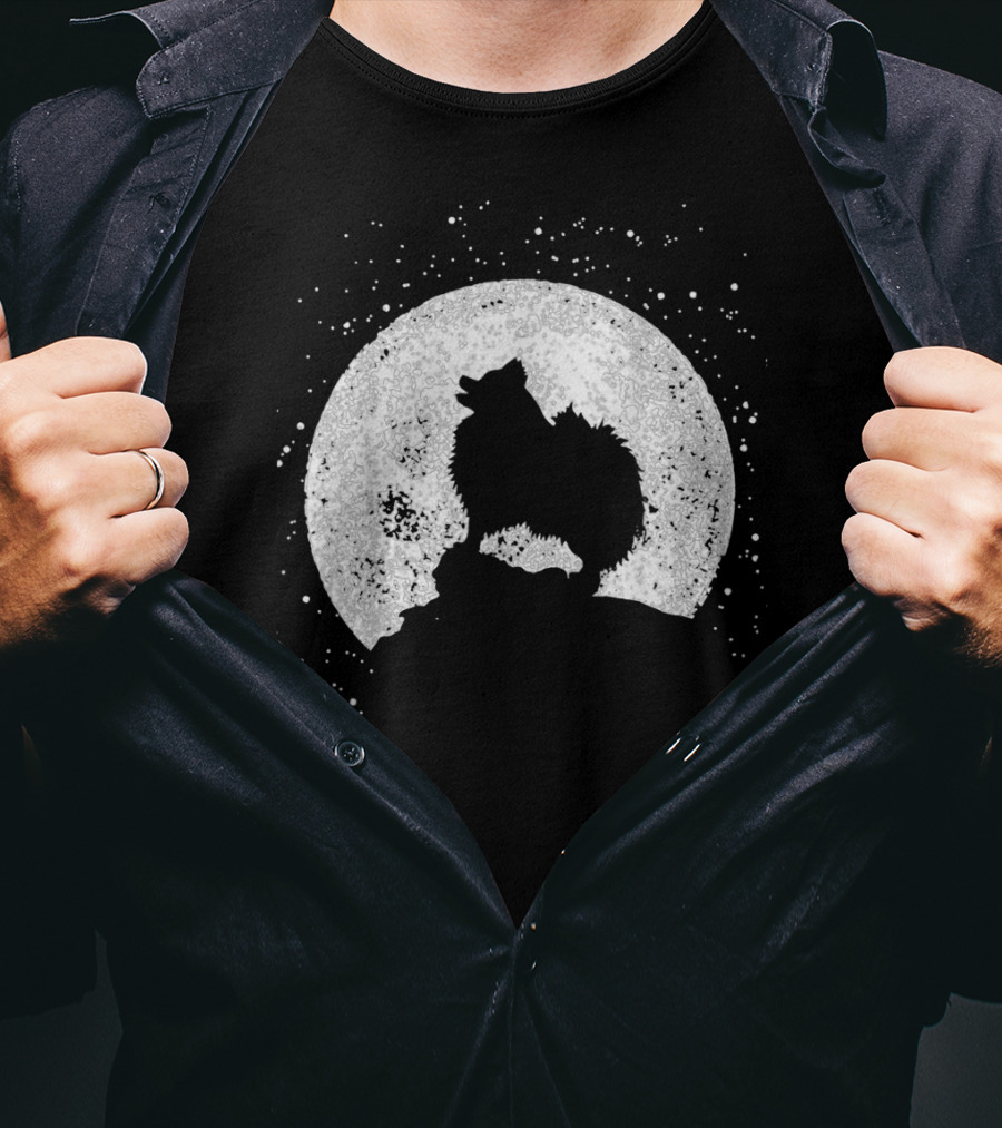 Pomeranian Howling Silhouette Against Full Moon Night Scene T-Shirt