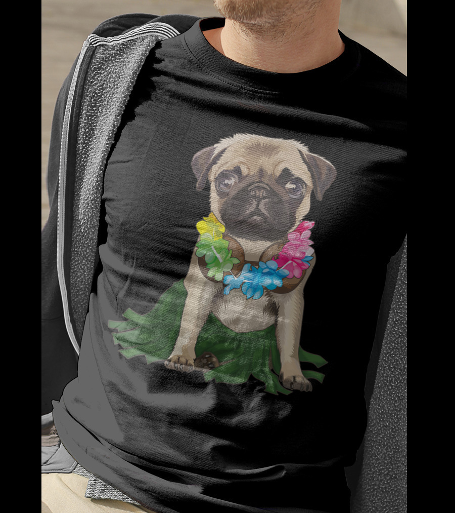 Pug Wearing Hawaiian Hula Skirt And Flower Lei Aloha Dance Animal T-Shirt